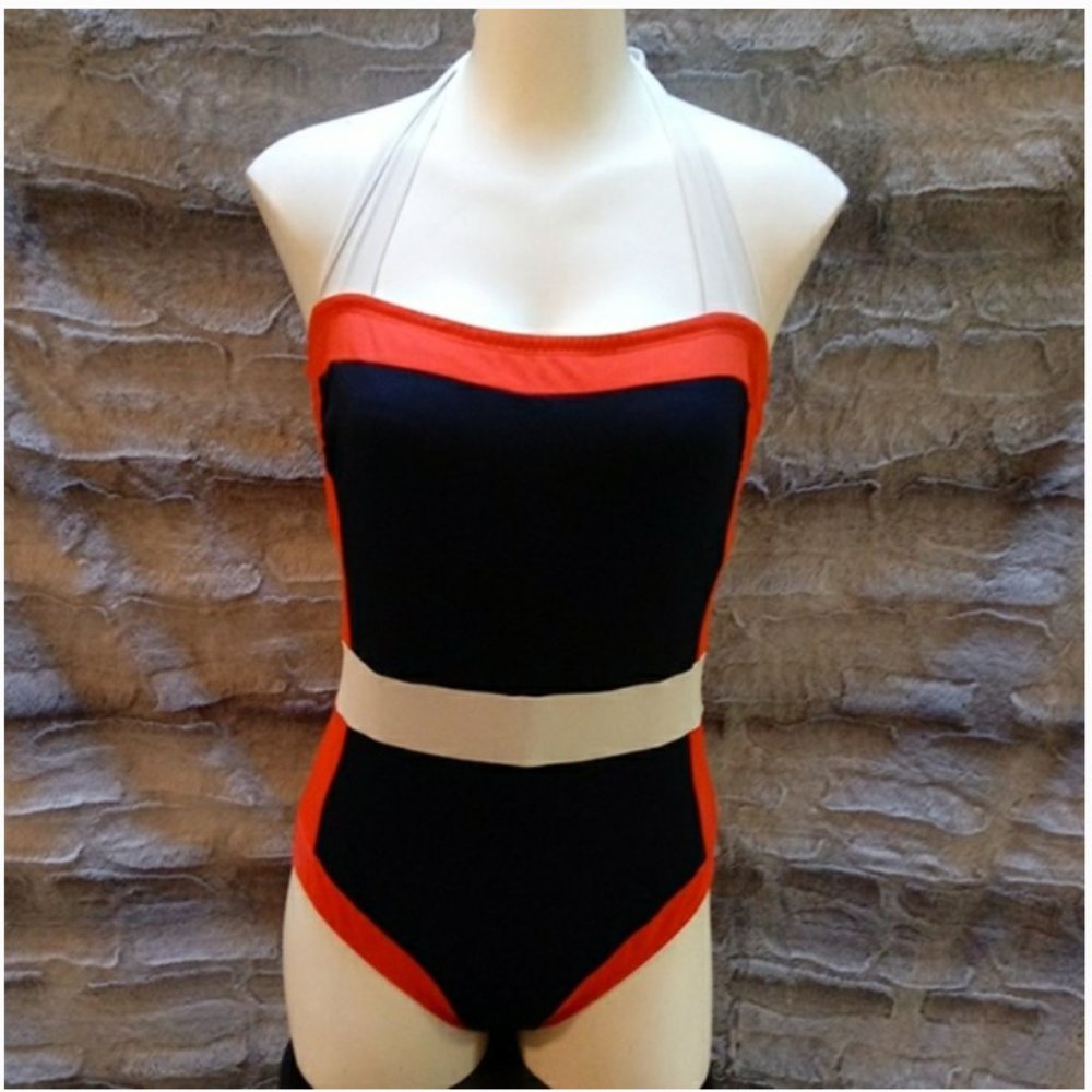 Boden Black Swim One-Piece with Red Trim and Cream Belt